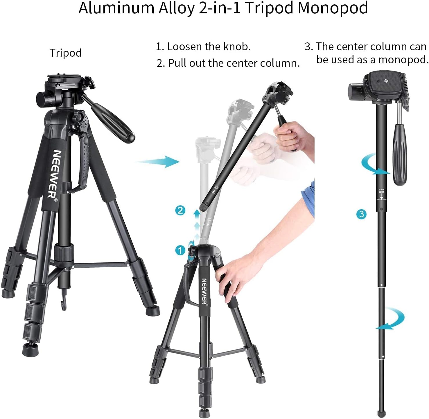 Neewer Portable 70 inches/177 centimeters Aluminium Alloy Camera Tripod Monopod with 3-Way Swivel Pan Head,Bag for DSLR Camera,DV Video Camcorder,Load up to 8.8 pounds/4 kilograms Black(SAB264)