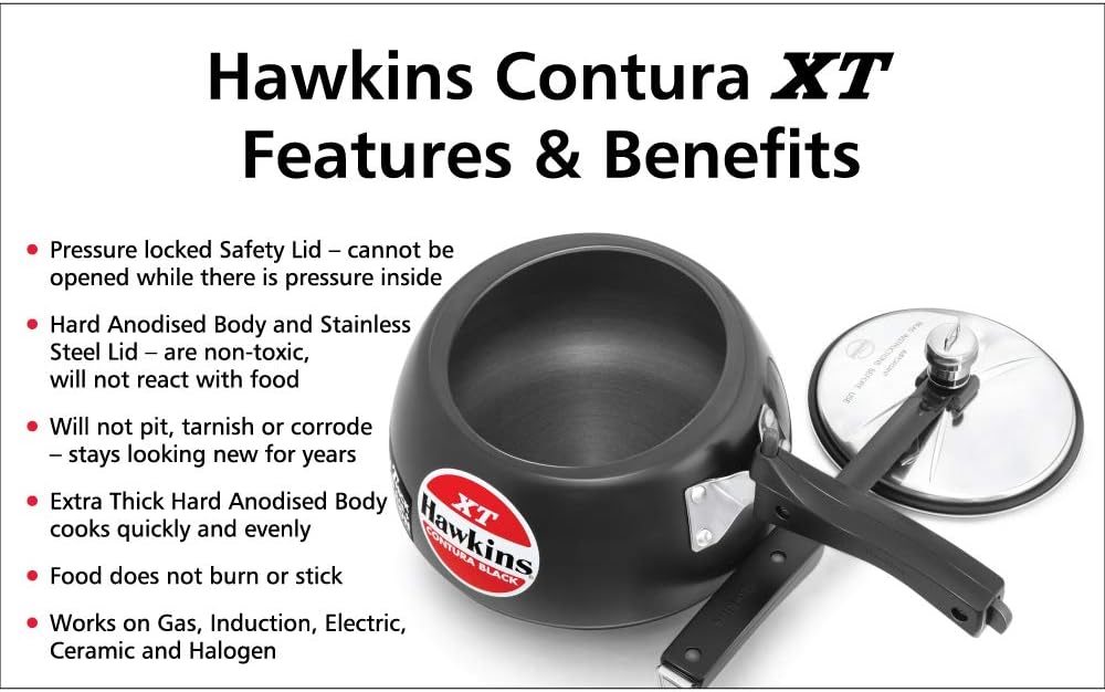 Hawkins Contura Black XT Induction Compatible Inner Lid Aluminium Pressure Cooker, 3 Litre, Black (CXT30)