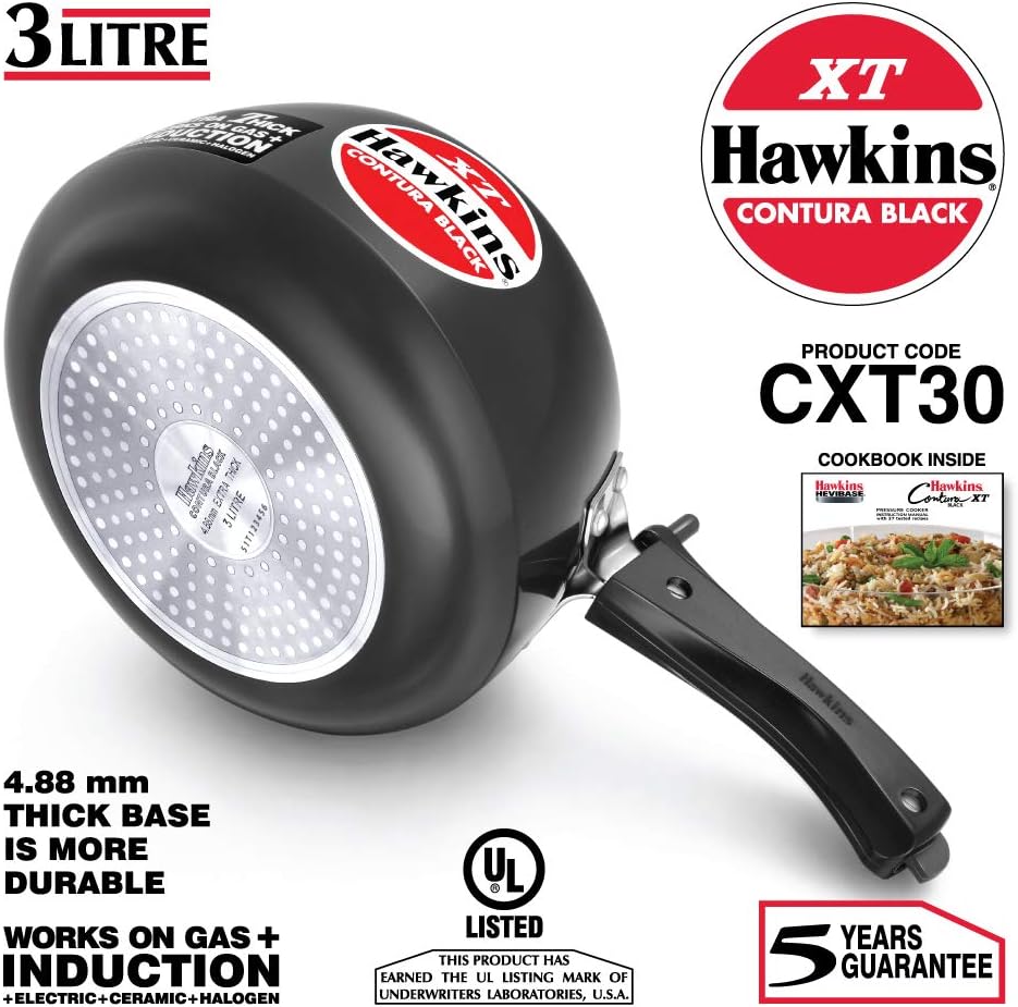 Hawkins Contura Black XT Induction Compatible Inner Lid Aluminium Pressure Cooker, 3 Litre, Black (CXT30)