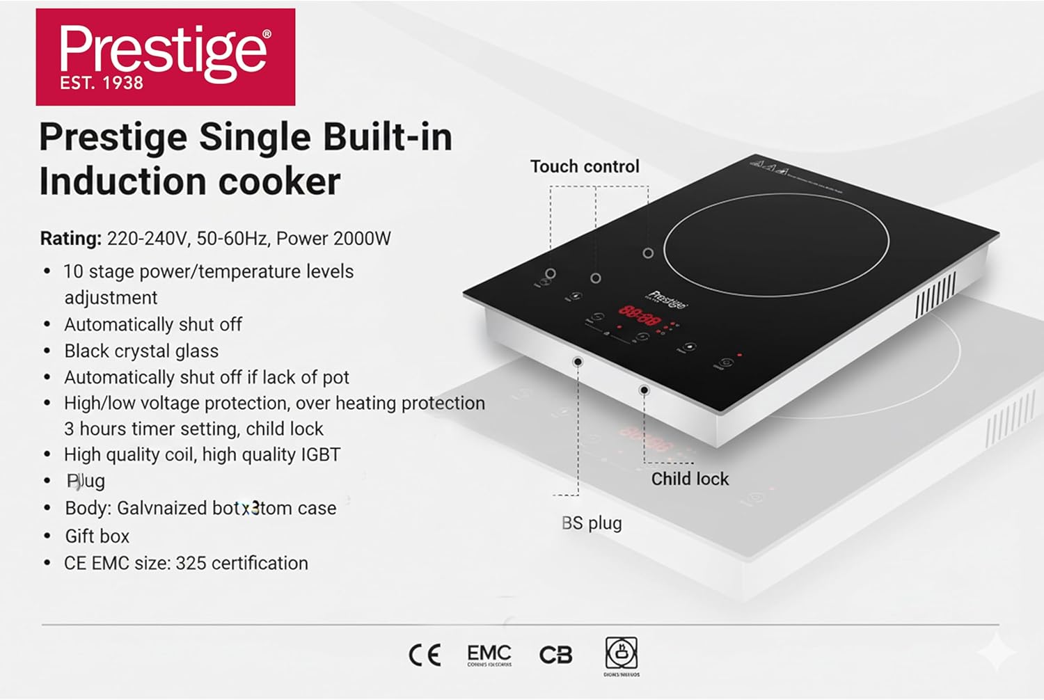 Prestige Single Induction Cooktop 2000w Induction Cooker With 10-Level Power and Temperature Control | Sensor Touch Countertop Burner with Count-down and Pre-Set Timer | Freestanding and Built-in