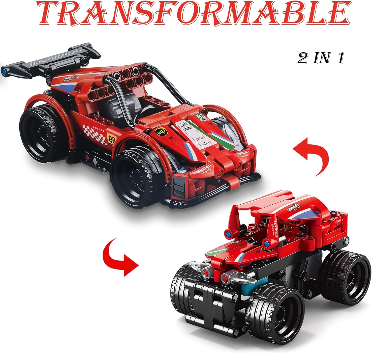 Block Building Kit, Ideal for Children and Collectors, Red Racing Car with 215 Pieces, 1:20 Scale, Pull-Out Function and 2-in-1 Can Be Combined With