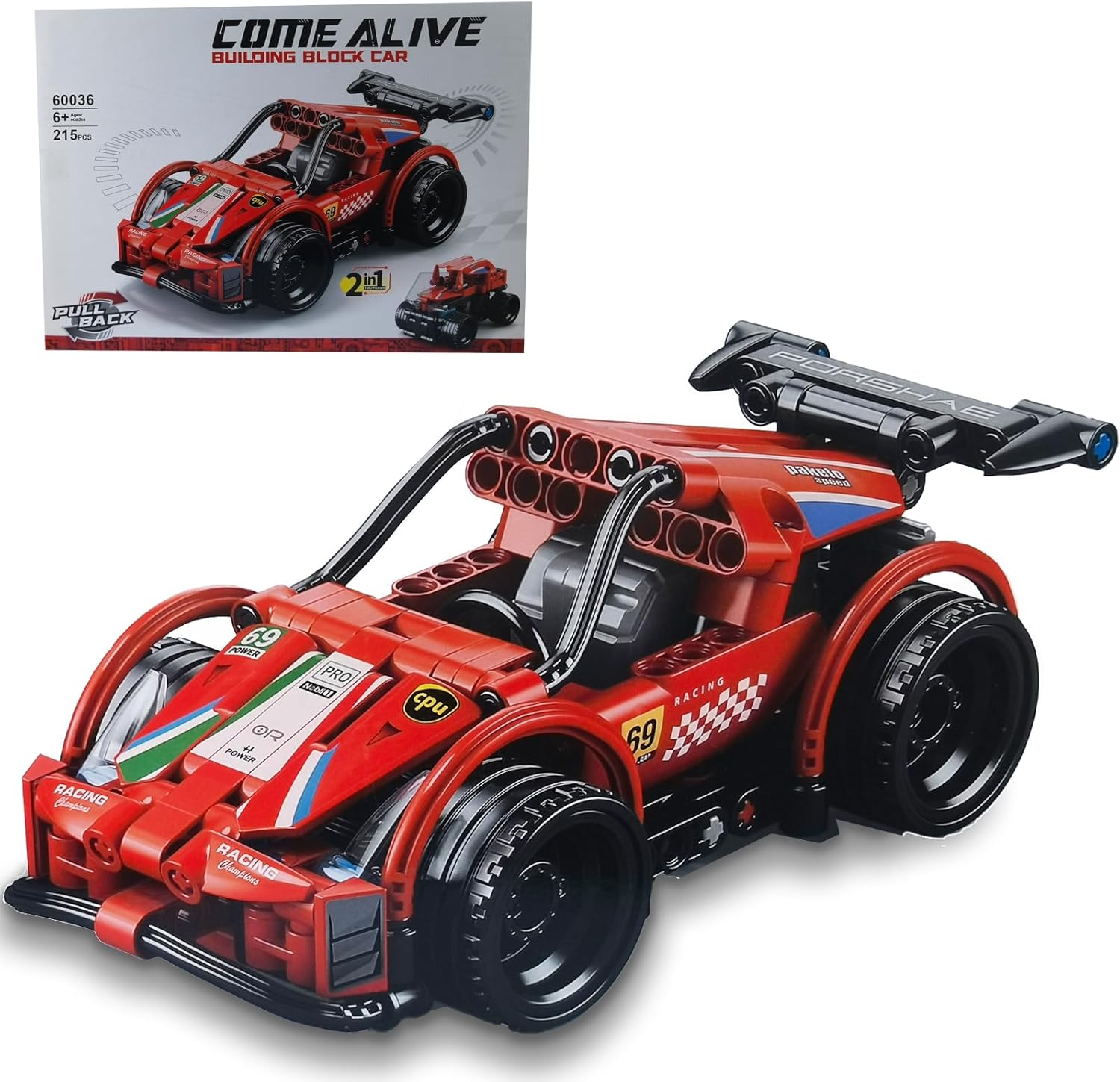 Block Building Kit, Ideal for Children and Collectors, Red Racing Car with 215 Pieces, 1:20 Scale, Pull-Out Function and 2-in-1 Can Be Combined With